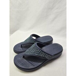 Crocs Dual Comfort Flip Flop Monterrey Wedge Navy Teal Beaded Sandals Women's 8